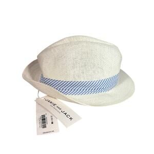 Janie and Jack Boy's Straw Fedora, NWT, White with Blue Stripe, Size 2-5